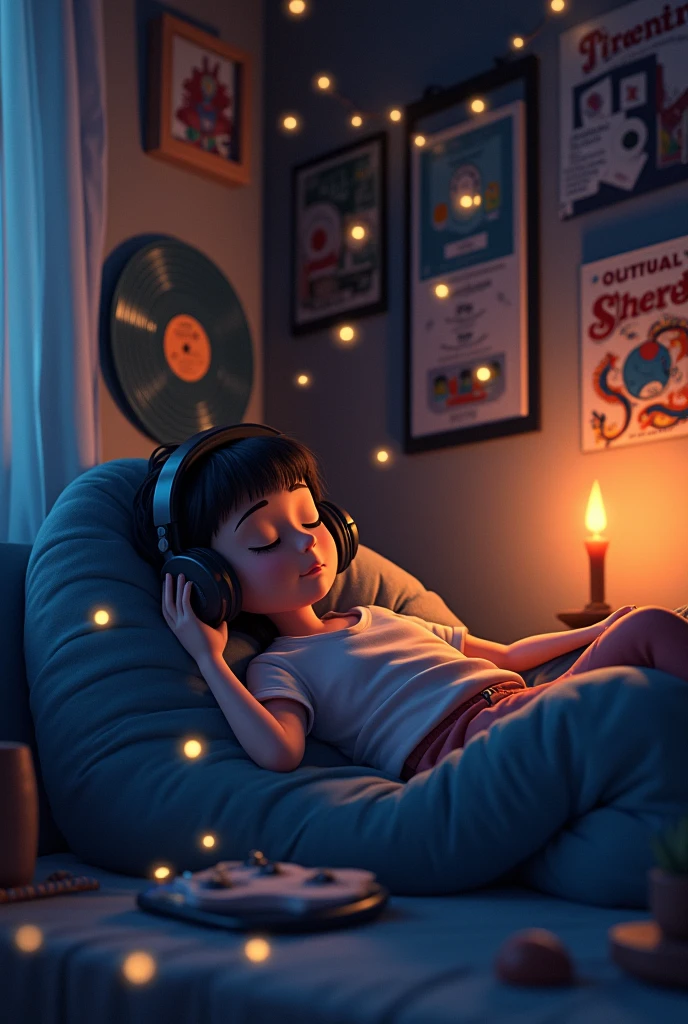 night、Listen to music in a cozy room, Using headphones, 2D-style animation, Lo-Fi, hard disk, Dark Environment