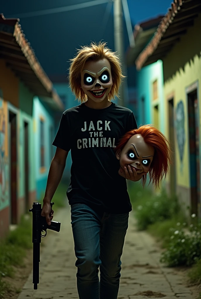 A young man with a mask with white cartoon eyes with a gun in his hand and in the other hand holding Chucky's head walking in a favela at night and his shirt says... Jack The Criminal