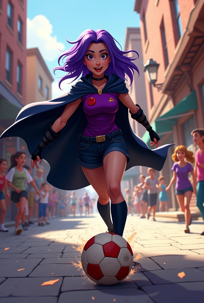 Raven from Teen Titans playing street soccer