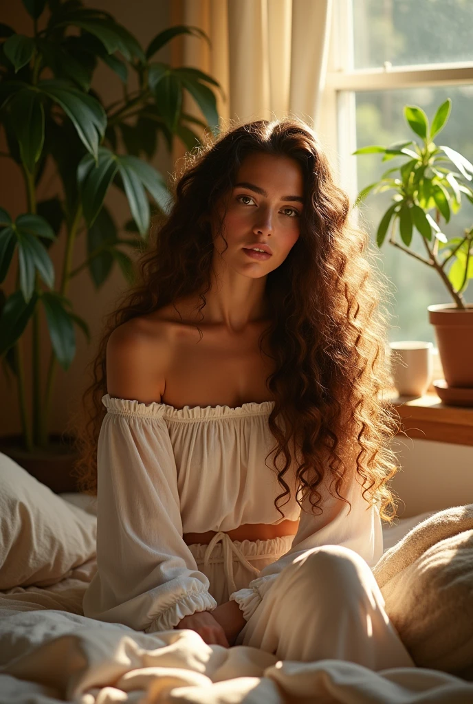 (photorealism:1.2), beautiful woman, sitting on bed, wearing loose off-shoulder top, pajama pants, long curly hair, indoors, soft lighting, plants in background, window with sunlight, cozy room, relaxed pose, realistic, intricate details, warm colors, by Greg Rutkowski, by Alphonse Mucha