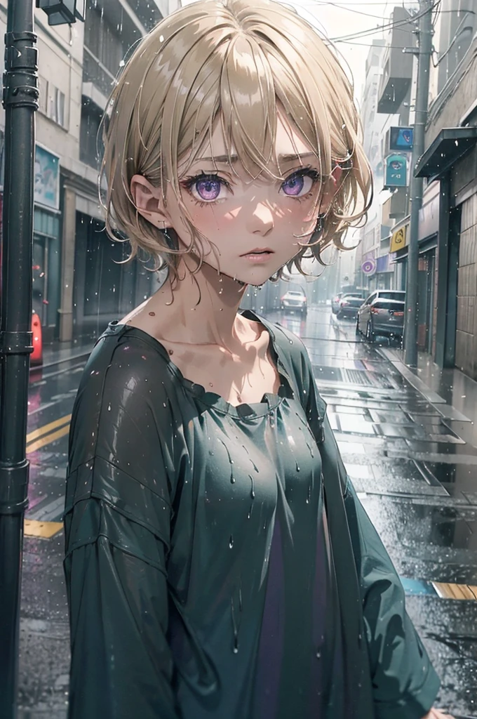 ((Nighttime, very dark image, very little light)), ((gorgeous purple eyes)), Very short hair, ((Highly detailed, extreme detail, amazing art)), raining, heavy rain, dark, midnight, 1girl, soaking wet drenched, wearing nothing but a pyjama shirt, shirt caramel-blonde hair, depressed, soaking wet hair, hair sticking to her face, heavy rain, thunderstorm, teal pyjama top, naked, petit chest, very short hair, buttoned up pyjama top, bare legs, no underwear, very dark night time, black sky, the only source of light is a single amber street light, no light, dark background, miserable, sad, crying, 