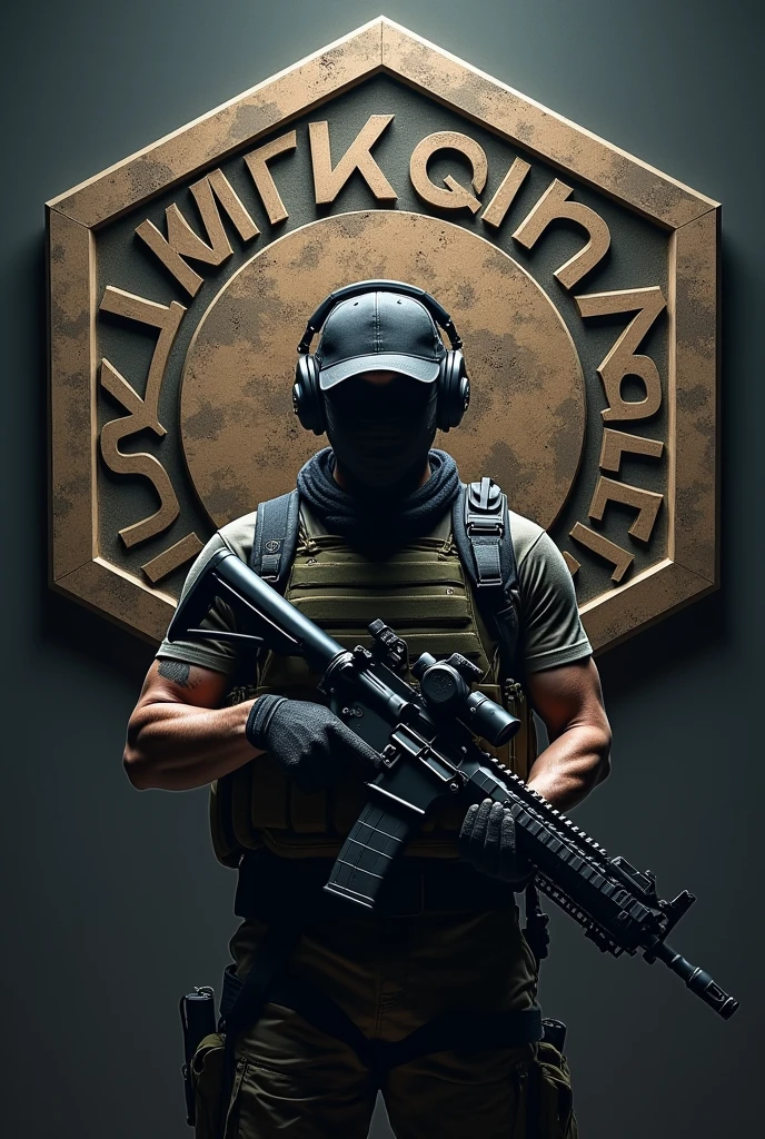 hexagonal rubberized coat of arms, Camouflage background, arma rifle m4, with name Lukinha airsoft, operator with cap and headphones