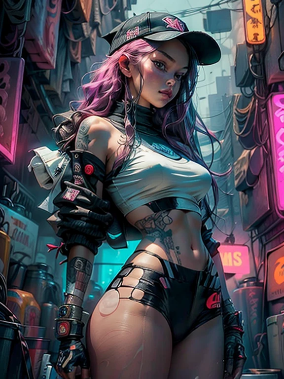 tmasterpiece，best qualtiy，8k wallpaper，The is very detailed，illustratio，（perfect bodies：1.1）, 1个Giant Breast Girl, dual horsetail，wearing hat，Cyberpunk-inspired short outfits, Baseball bat, Turn Back