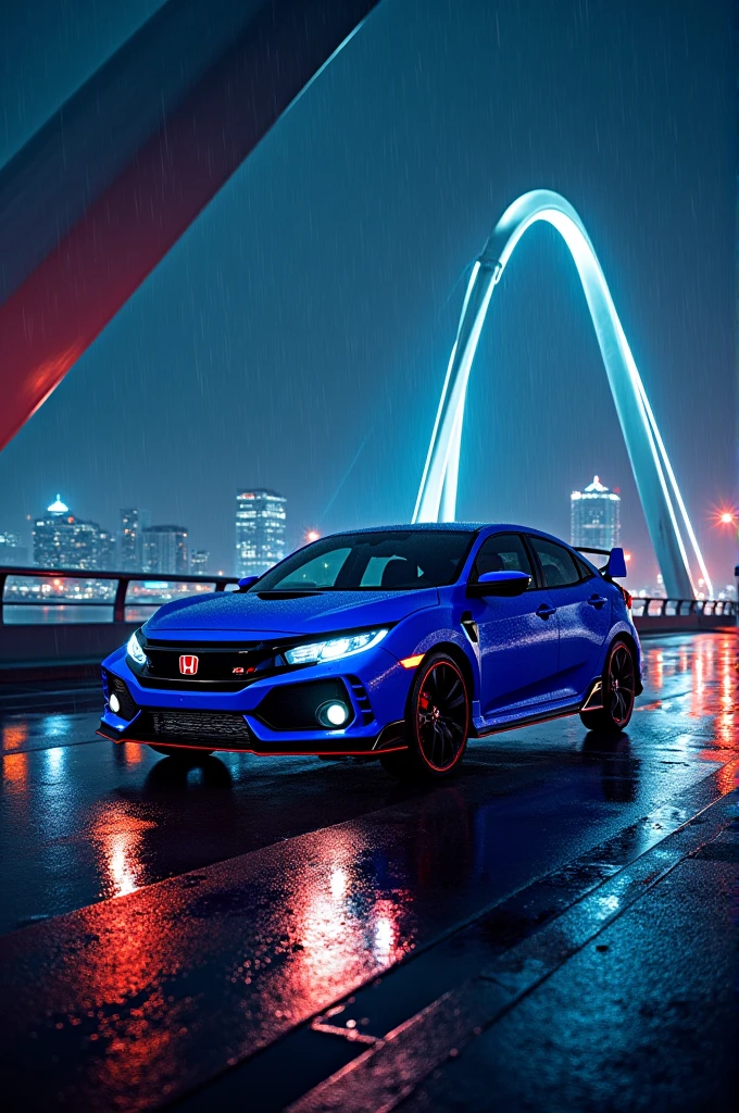 civic type r blue colour on the bridge at night and rain