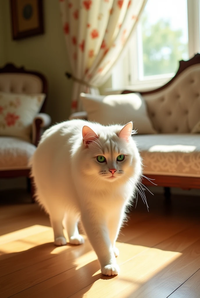 Beautiful white cat walking in the room