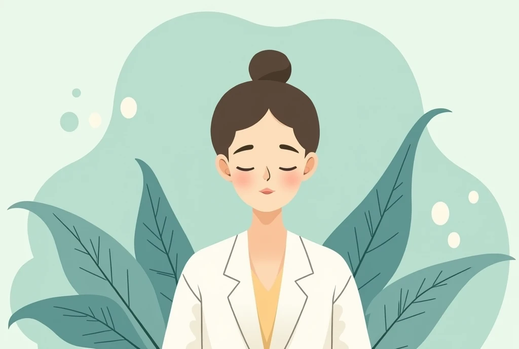 illustration portrait, une femme sophorologue, dessin très très simple, non detaillé, applat de couleur, ton bleu vert, nature