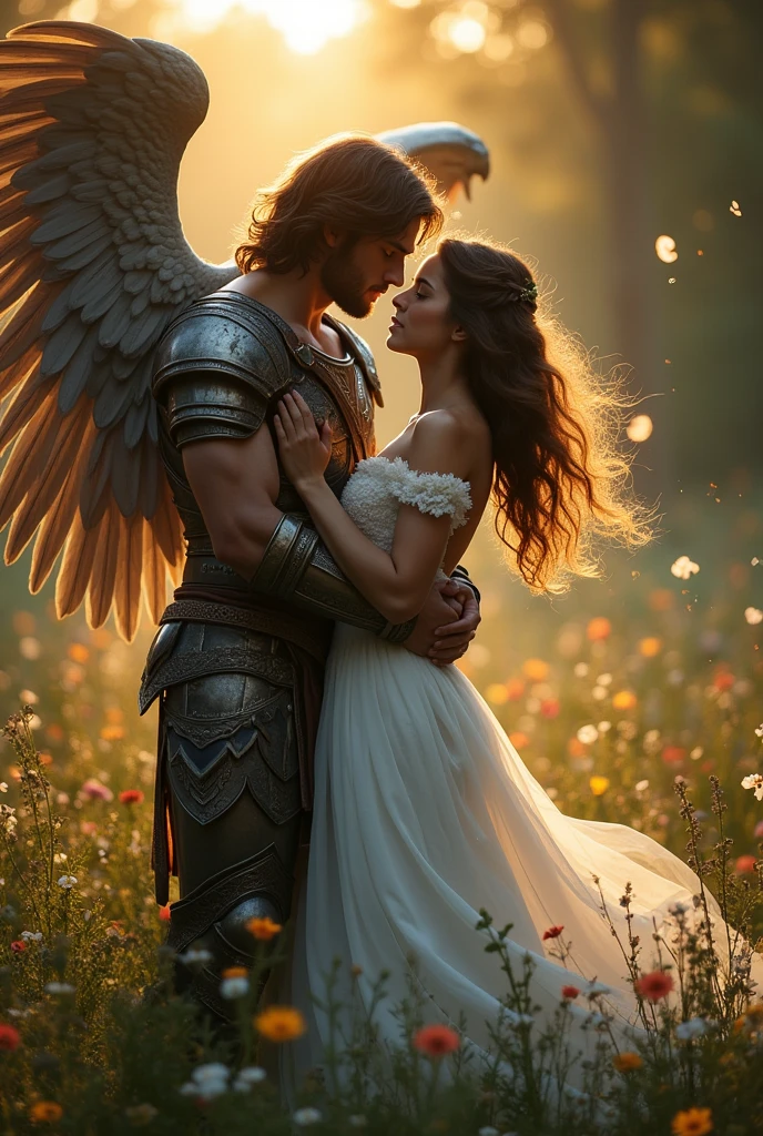 A man with wings hugging a girl in white dress from behind