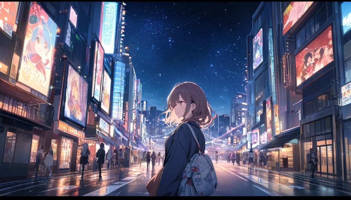 A woman looking at the city of Tokyo,Night starry sky,Streetscape、listen to music、Japanese