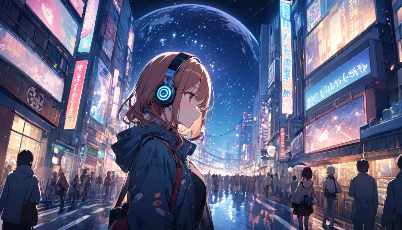 Woman wearing headphones looking at the city of Tokyo,Night starry sky,Streetscape、listen to music、Japanese