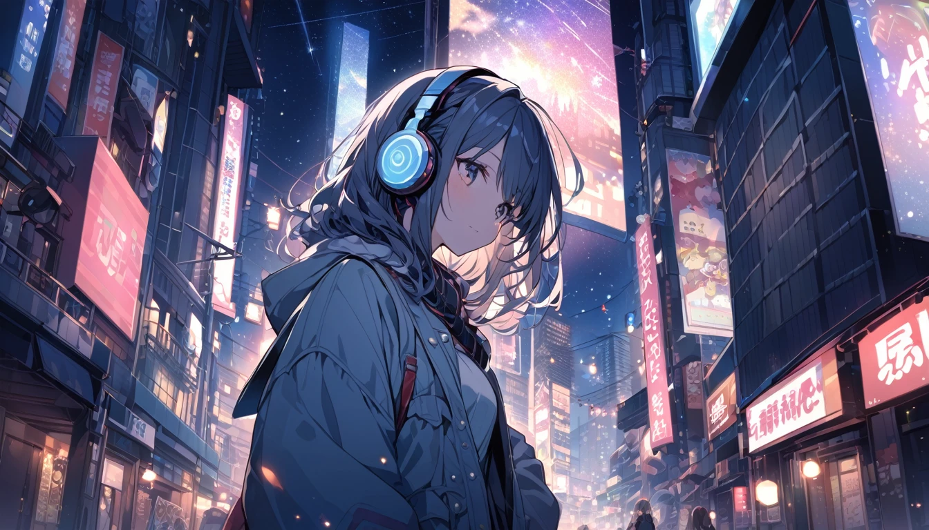 Woman wearing headphones looking at the city of Tokyo,Night starry sky,Streetscape、listen to music、Japanese