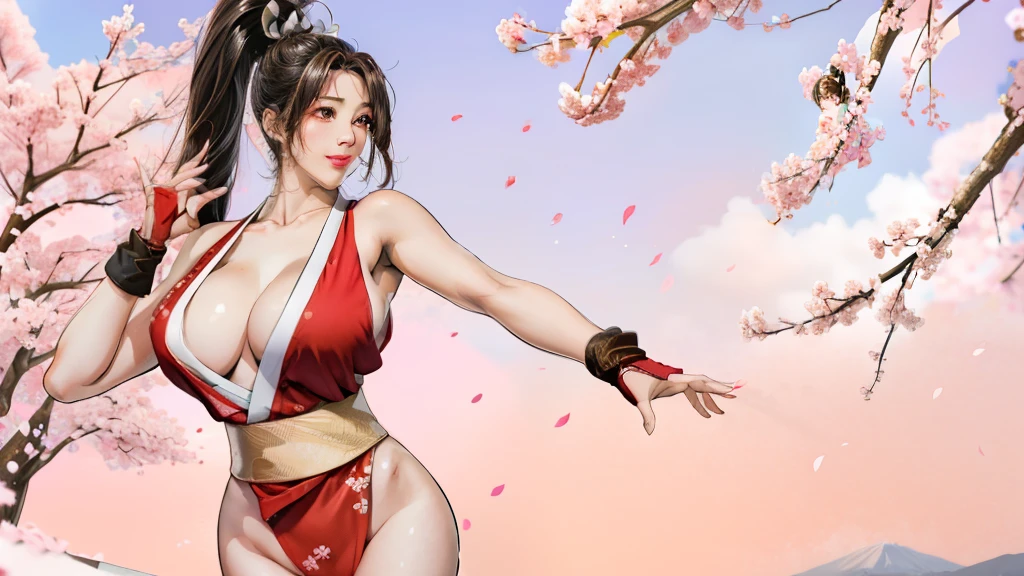 Japanese Beauty，Cherry Blossoms，Petals are just beginning to fall, 、In the distance is Mt. Fuji, (((y姿势的杰作))), ((best quality)), ((complicated)), ((Surrealism)), Matman, Mature wo Very detailed, shape, mai Shiranui, ((Huge breasts)), Perfds, Finger details, beautiful eyes, ponytail，Brown eyes, (mai Shiranui suits:1.2),  earrings, Long detailed background, Perfect eyes, Charming eyes, Looking at the audience,  Rosy cheeks，Sexy，Cleavage，cute，Smibeautmountain，Thin waist，beauty的腰部，Long legs