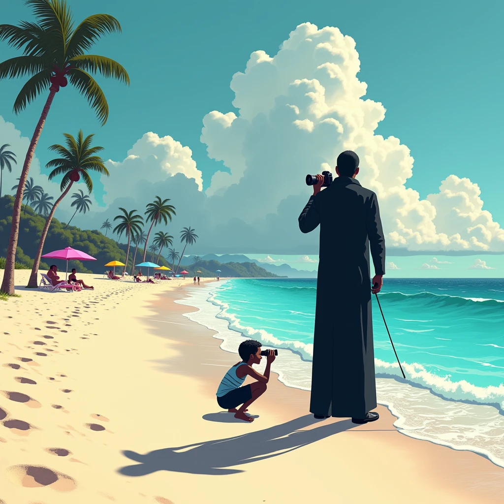 Black shadow of a man taking a photo on a cartoon style beach, in Vice City GTA, Gray and blue sky