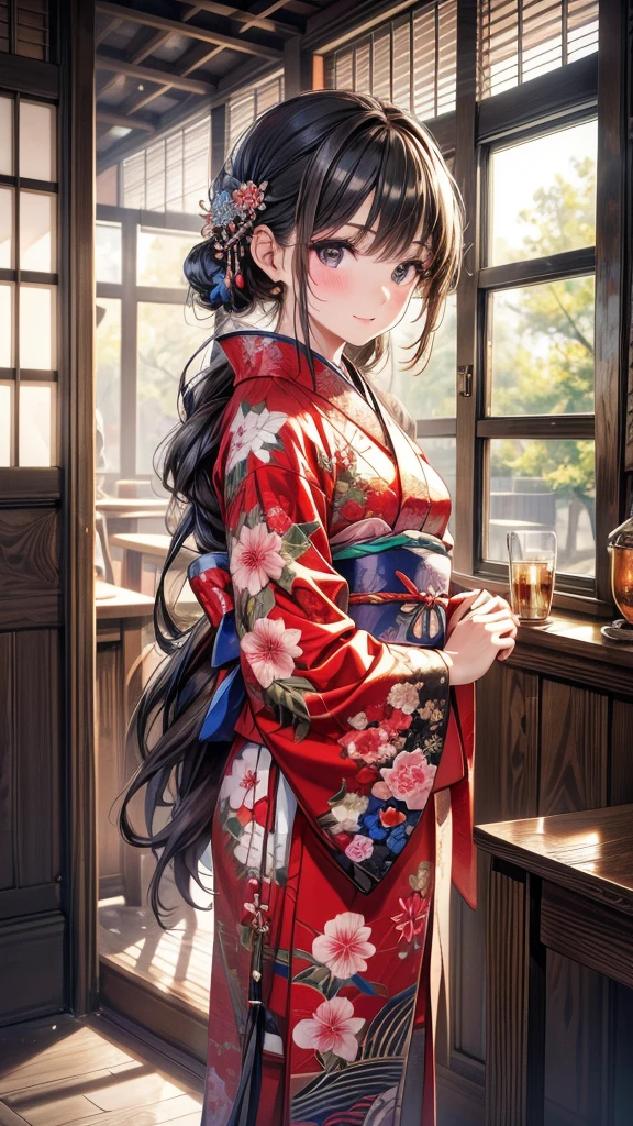 kimono, Heart, (8k, original photo, best quality, masterpiece: 1.2), (Practical: 1.6), (masterpiece), (best quality: 1.0), (Ultra-high resolution: 1.0), detail, 1940s, one, detail beautiful skin, detail room, ,Practical skin