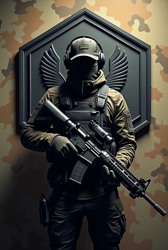 hexagonal rubberized coat of arms, Camouflage background, arma rifle m4, with name Lukinha airsoft, operator with cap and headphones 