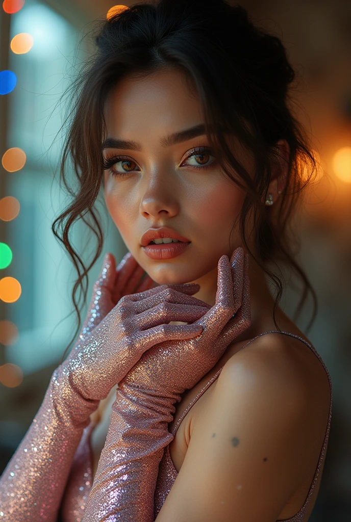 a beautiful girl long mesh-glitter_gloves,detailed face,detailed eyes,detailed lips,beautiful detailed eyes,beautiful detailed lips,extremely detailed eyes and face,long eyelashes,cinematic lighting,photorealistic,hyper-realistic,high quality,8k,masterpiece,cinematic,dramatic lighting,intricate details,vibrant colors,glossy skin,elegant,graceful,striking pose,atmospheric background