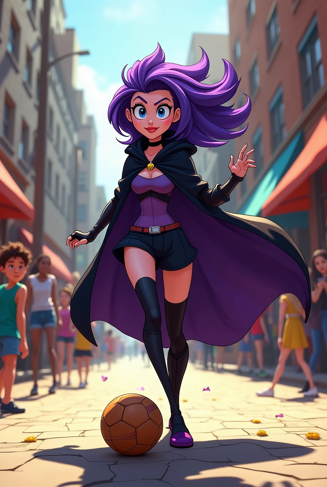 Raven from Teen Titans playing street soccer 