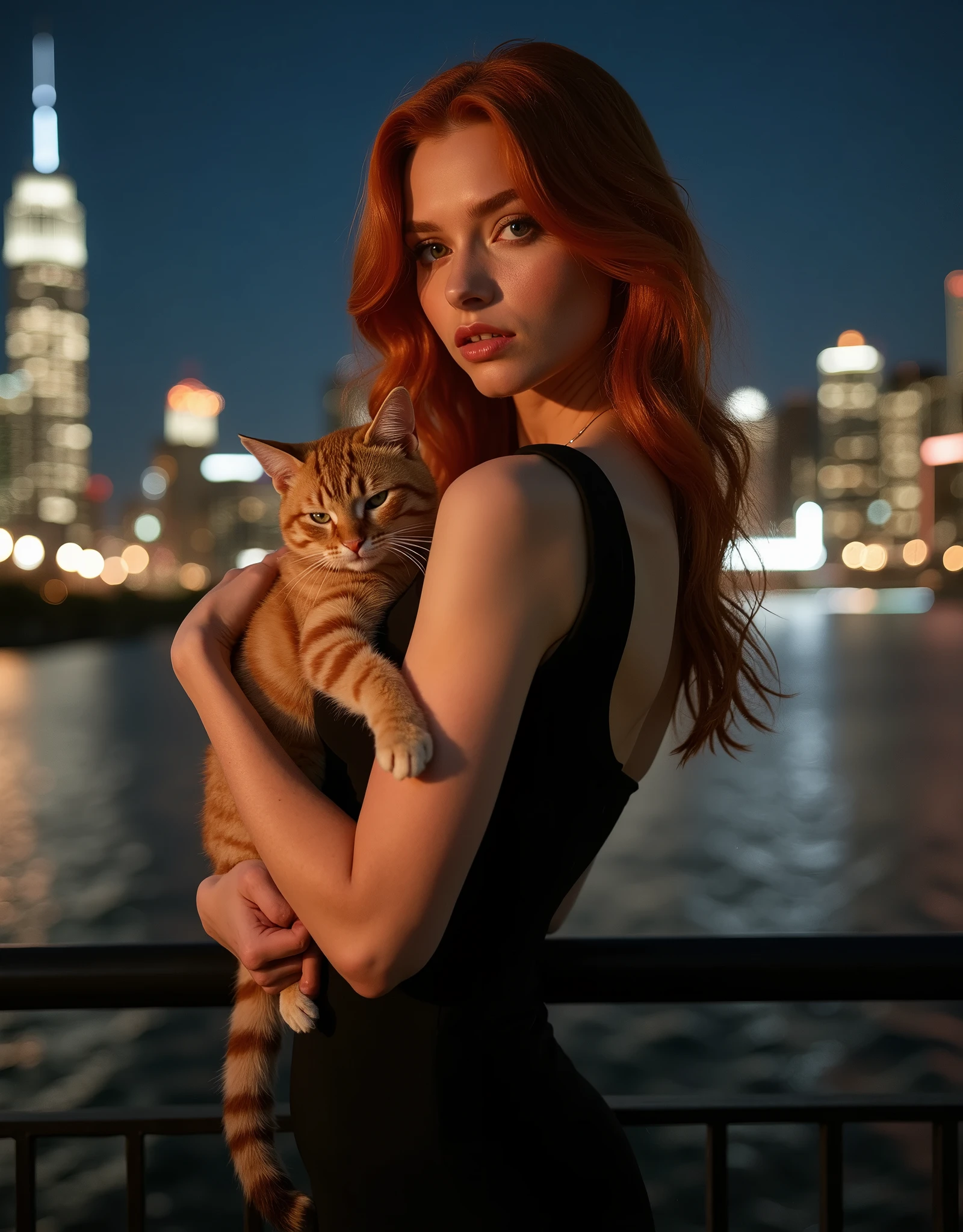 Красивая реалистичная The night of the redhead Model Pose. Arafed Instagram supermodel, redhead model girl with juicy figure and big breasts, pale skin, perfect face, looking hot, victoria secret body,, with my cat, 26 years, woman in stylish black dress, enjoying the night, standing in front of an American city, with a cult landmark, prominently featured in the background, ((with the model, showing a full-length view)), almond eyes, oval face shape, prominent cheekbones, with natural wavy hair ,Height 170 cm., a high resolution, masterpiece, Best quality, complex parts, very detailed, Sharpness, detailed skin texture, perfect eye detail, Profession, 4k resolution, charming smile, Cannon shot, depth of field, Kodak Vision цветной, extremely detailed, ultrarealistic photography, realistic photo, Post-processing, Maximum detail, truth of life, Instagram template, Make sure, that the entire body of the model is displayed.