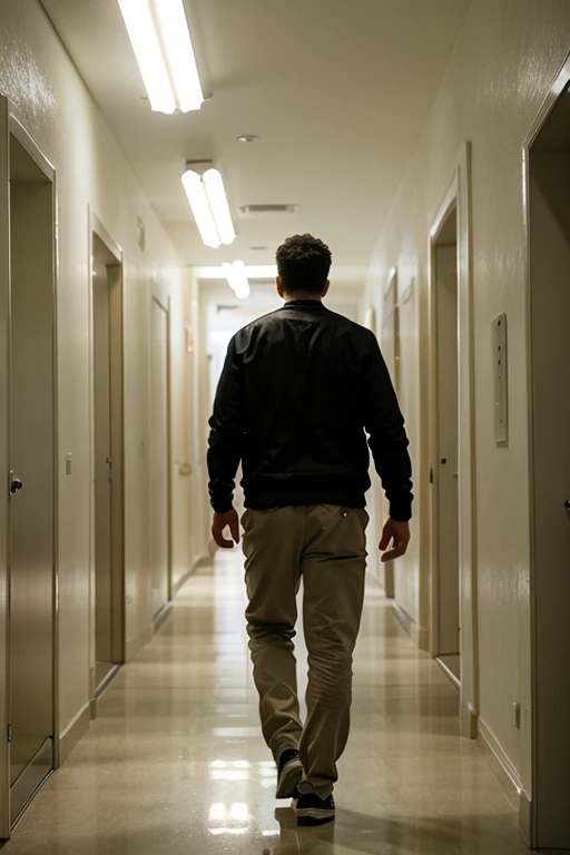Depressed man walks down a hallway where everyone is having a good time except the man