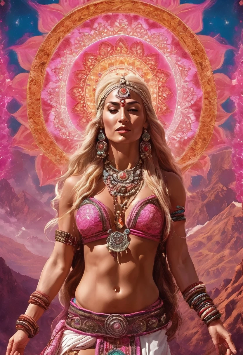 Male shaman and a female yogini, sacred rebels. He is muscular, broad, bald, bearded. She is blond, long haired, voluptuous, hourglass body, toned with abs, a lot of hippie style ethnic jewelry, scantily clad in tones of pink and white. Psychedelic picture of a very attractive couple, sparks flying, polarity, spiritual.