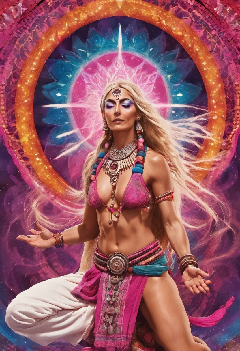 Male shaman and a female yogini, sacred rebels. He is muscular, broad, bald, bearded. She is blond, long haired, voluptuous, hourglass body, toned with abs, a lot of hippie style ethnic jewelry, scantily clad in tones of pink and white. Psychedelic picture of a very attractive couple, sparks flying, polarity, spiritual.