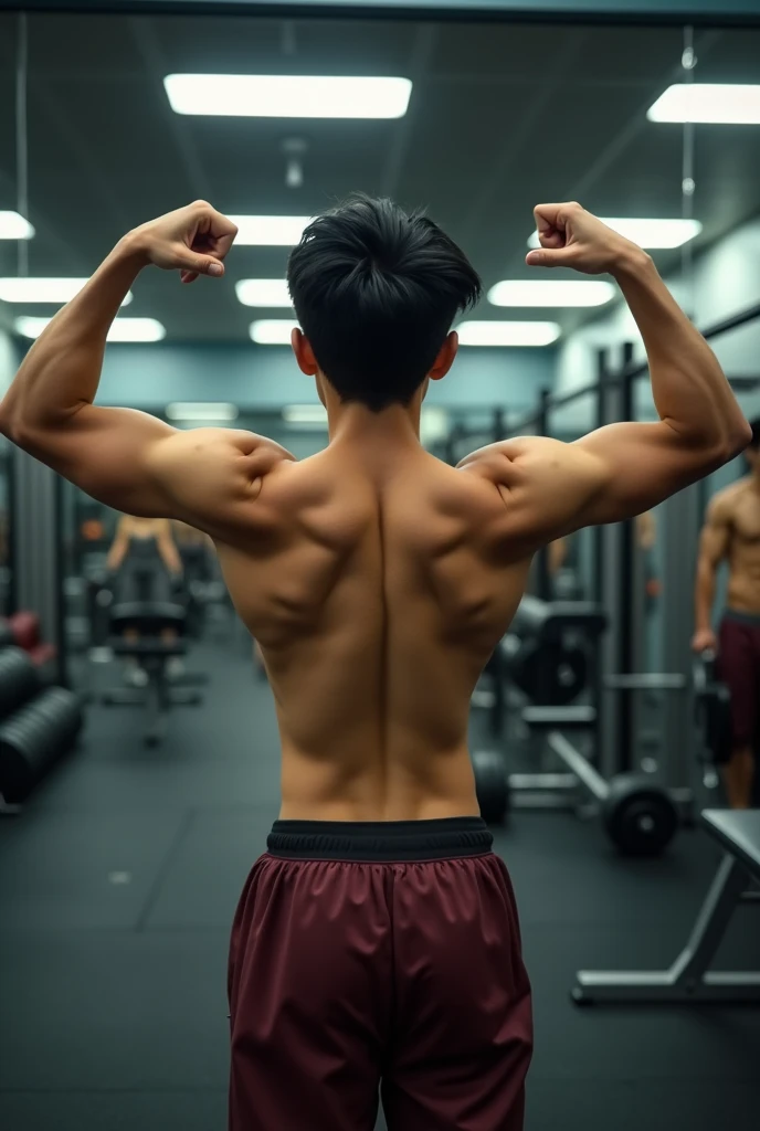 A boy with black hair showing his muscles in the gym