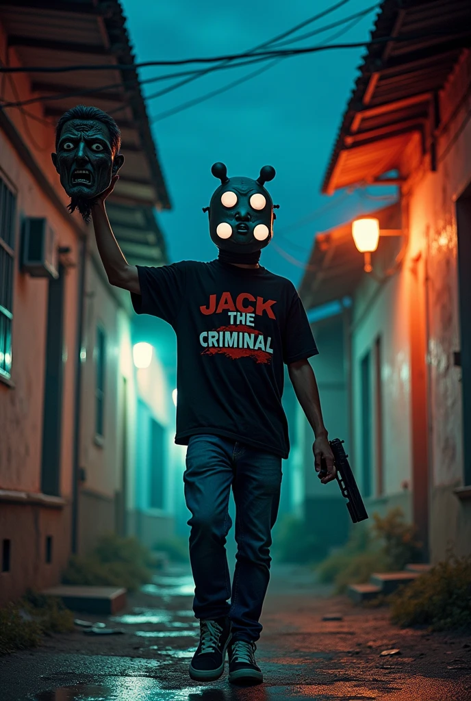 A young man with a mask with white cartoon eyes with a gun in his hand and in the other hand holding a head walking in a favela at night and his shirt says... Jack The Criminal
