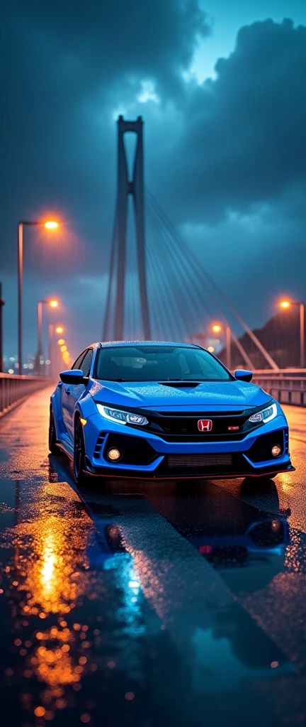 civic type r blue colour on the bridge at night and rain