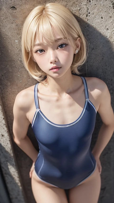 ((sfw:1.5)),((sfw:1.5)),((from above:1.5)),((Upper Body:1.5)) Korean Asian Teenager Photos、((Beautiful and cute idol girl:1.5))、Platinum Blonde Hair、10yo,Narrow eyes:1.5、Thin face、Thin neck、((Slim body)),((skinny):1.5),((Flat chest:1.5)),((clavicle)),((Narrow eyes:1.5))、(Thin arms)、(Thin neck)、(Thin lips)、A small smile、Thin arms、(Dark blue school swimsuit:1.5)