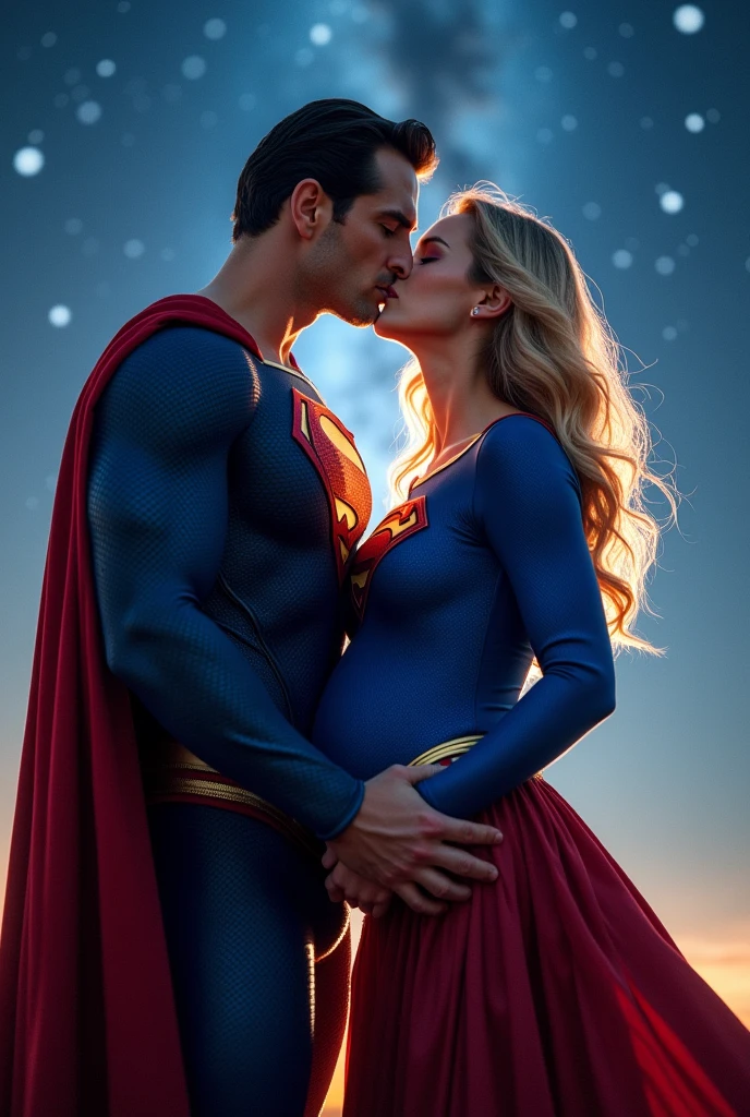 Super girl and superman are kissing, she is pregnant, intimate, superman is tall, clean shaven, she is wearing blue costume with skirt exposing her pregnant belly