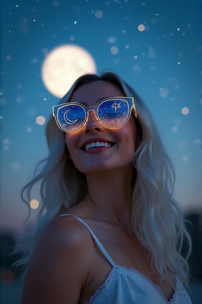 The model is wearing glass sunglasses with stars and the moon on the glass