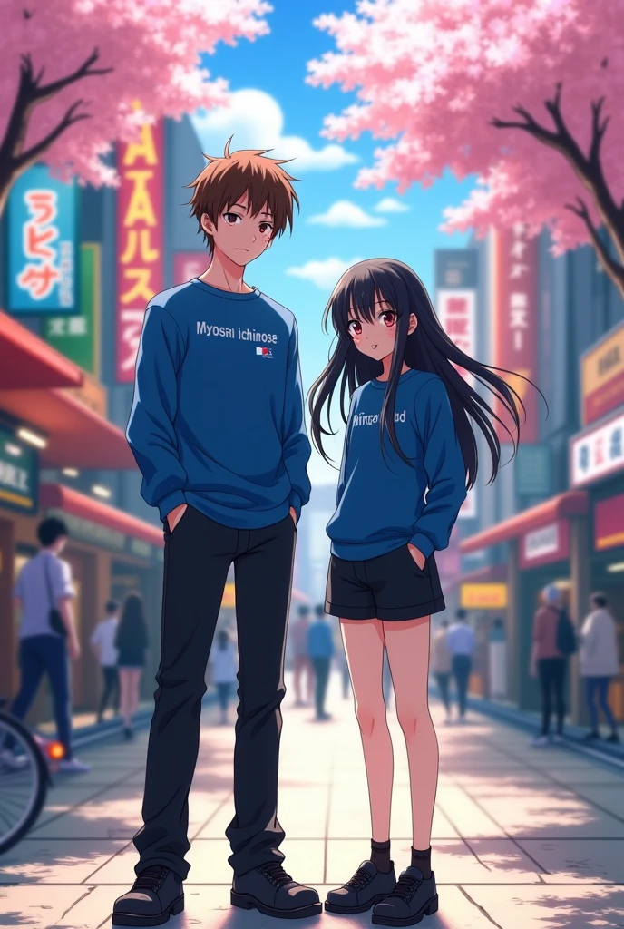 1 Japanese man,Age 18,short brown hair,A blue long-sleeved shirt that says Miyoshi Ichinose. ,Black trousers,black shoes ,1 girl,Age 16,long black hair,Blue long-sleeved shirt with the words Ringo Kudo written on it. ,black shorts,black shoes,