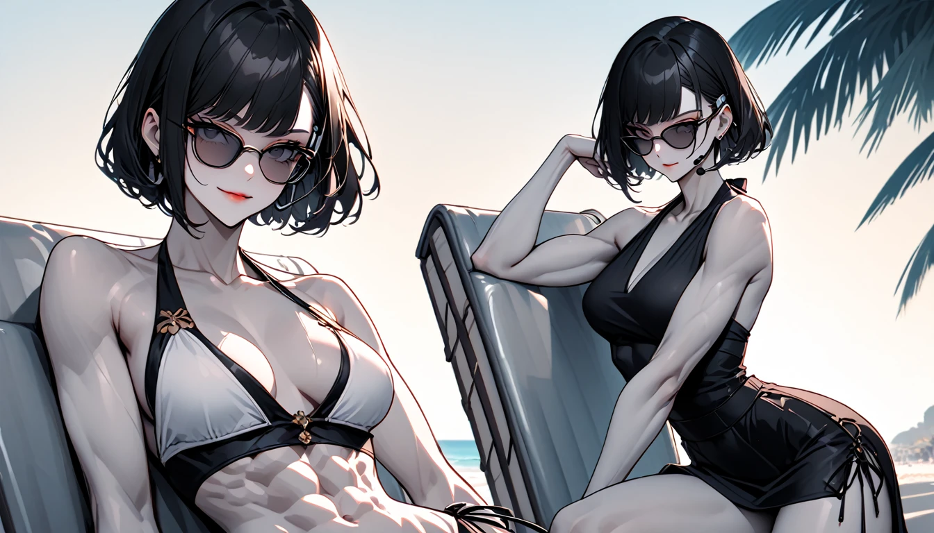 solo, female, tall, elegant, sunglasses:1.6, broad shoulders, pixie cut, black hair, pale skin, athletic, very tall, sober bikini, black clothes, small smile, luxurious beach, classy, professional, earpiece, muscular, cute pose, seams on skin, abs, shawl, white sun hat, side-tie bikini skirt, pareo, pinup pose, smooth skin, broad shoulders, thick arms, thin waist, close up, sitting on recliner, pinup pose, sunny beach, cocktail drink, palm tree