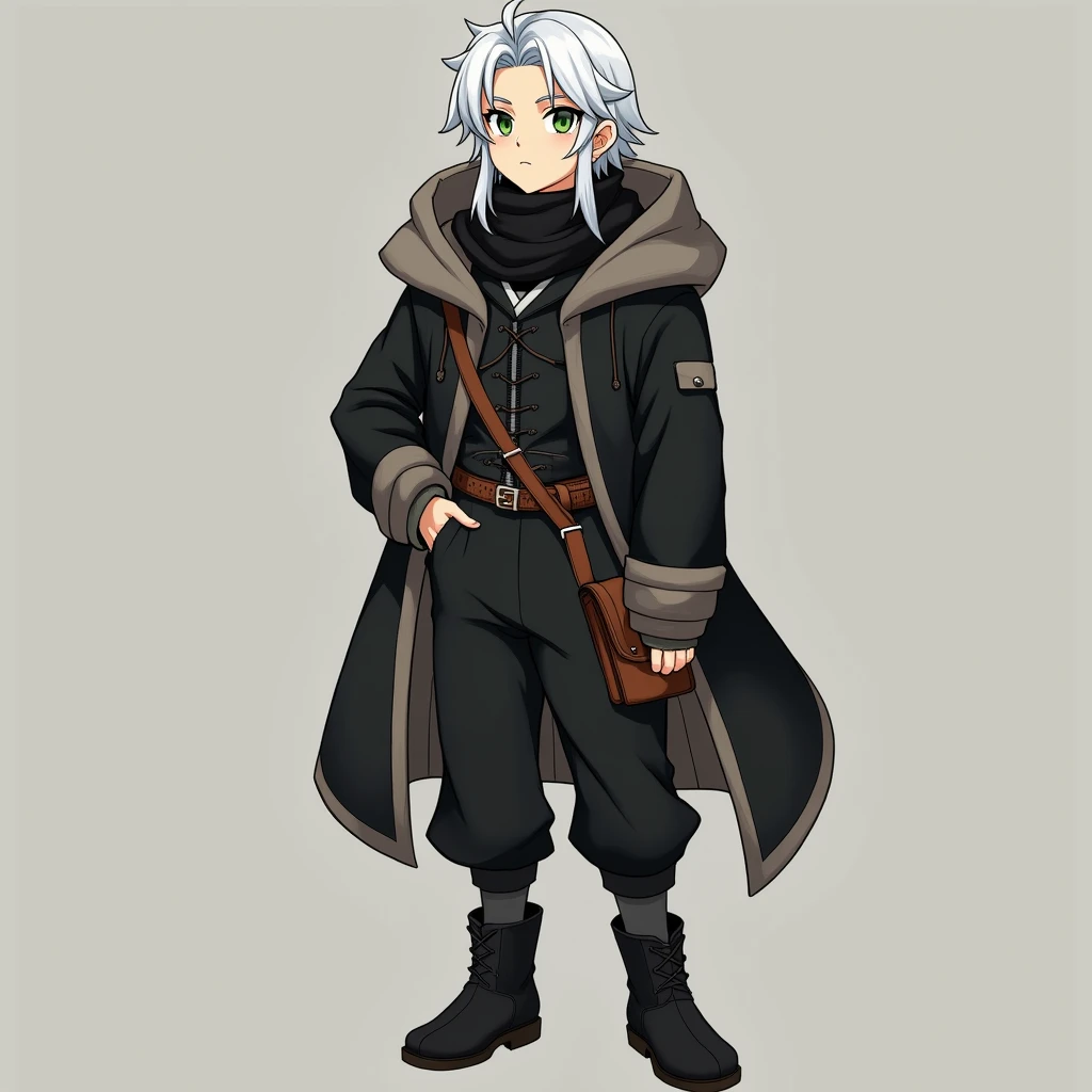 full body photo, serious face, Athletic, 31 year old Halfling, green colored eyes, medium long white hair, black scarf, black coat with gray with brown hood , medieval clothing, black sweatpants, Black boots, handbag, Anime Village saga, 4K, epic, Village saga.