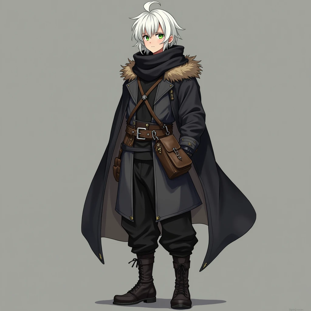 full body photo, serious face, Athletic, 31 year old Halfling, green colored eyes, medium long white hair, black scarf, black coat with gray with brown hood , medieval clothing, black sweatpants, Black boots, handbag, Anime Village saga, 4K, epic, Village saga.