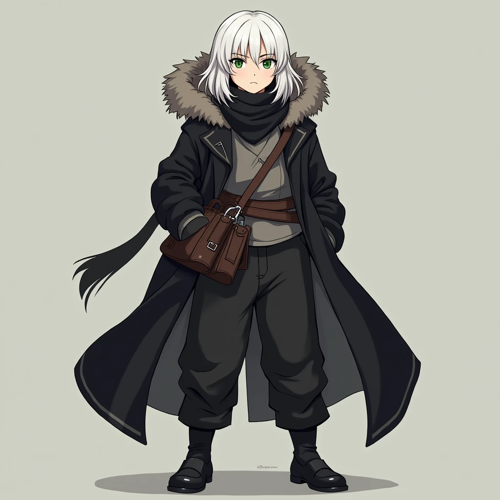 full body photo, serious face, Athletic, 31 year old Halfling, green colored eyes, medium long white hair, black scarf, black coat with gray with brown hood , medieval clothing, black sweatpants, Black boots, handbag, Anime Village saga, 4K, epic, Village saga.