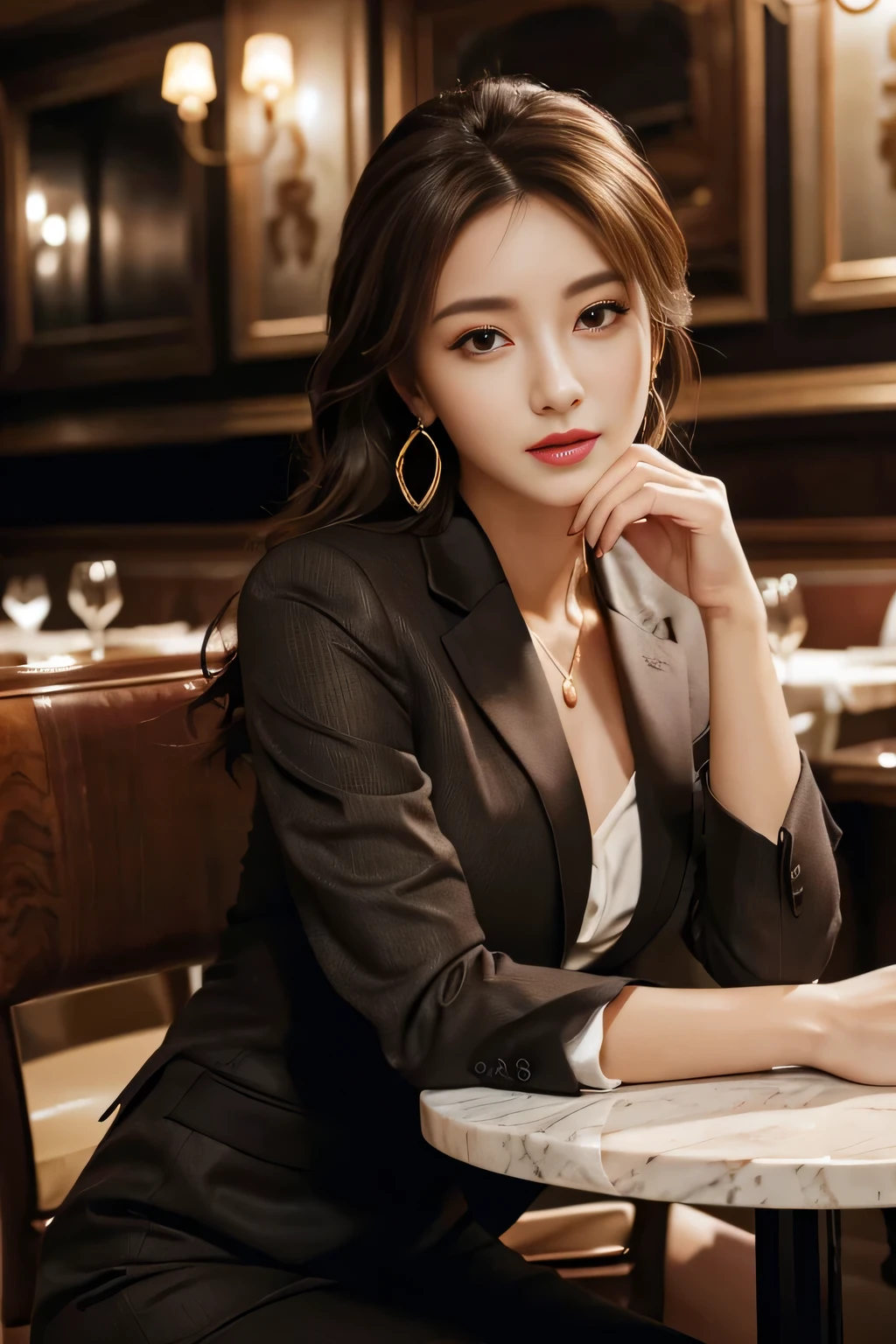 masterpiece, Highest quality, Realistic, Very detailed, Finer details, High resolution, 8k wallpaper, One beautiful woman, Wear a nice suit, In a great restaurant, At night, Light brown messy hair, Perfect dynamic composition, Beautiful and beautiful eyes、Big earrings、Sit on a chair