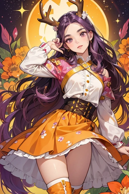 Danessa has medium brown skin with lighter patches around her eyes and spots on her cheeks and forehead. She has medium brown eyebrows, medium brown eyes, a black nose, and salmon lips. Her purple hair is loose around her golden deer ears and antlers down to her waist. She does not have a tail.
Her outfit starts with a pink molded-on bodice with a button down front and floral design. Her orange skirt is removable with a yellow elastic band and is printed with red, purple, orange, and yellow flowers. The look is augmented with a removable white fur stole.
She wears light purple boots. SPARKLE; GLITTER