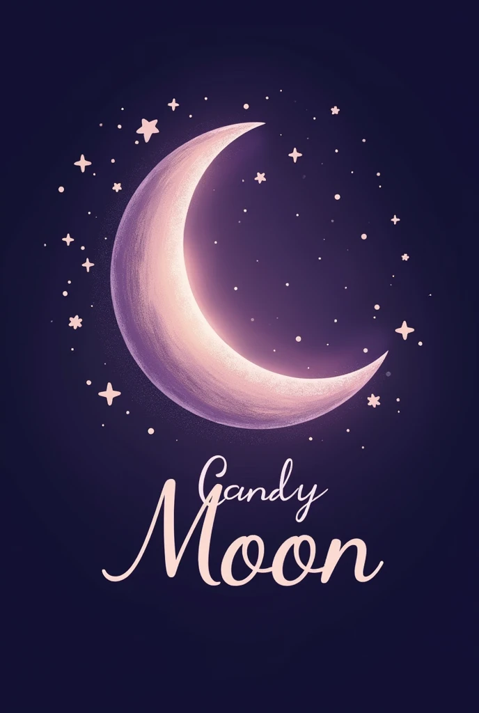 Make me a logo of a moon with stars with a purple tone, a simple and soft drawing , and below the logo name is CandyMoon in cursive and soft texture, the background a little dark