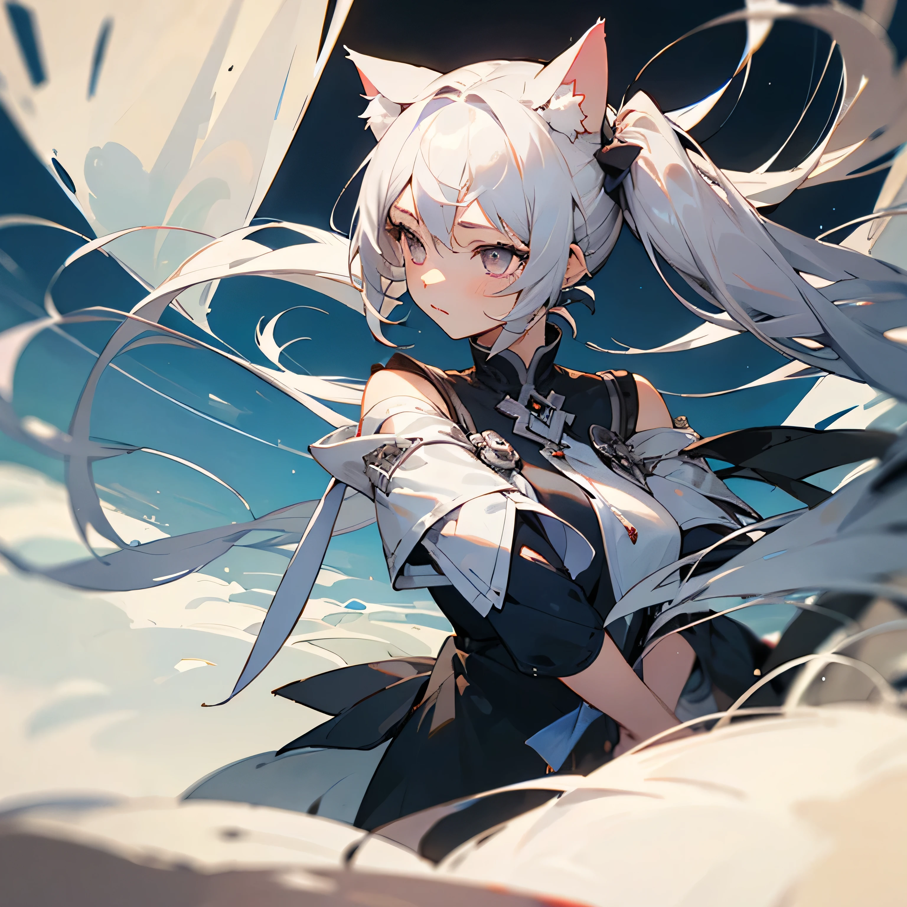 ((best quality)), ((Masterpiece)), (details), 1 girl, silver hair, Twintail, Silver eyes, cat ears and tail