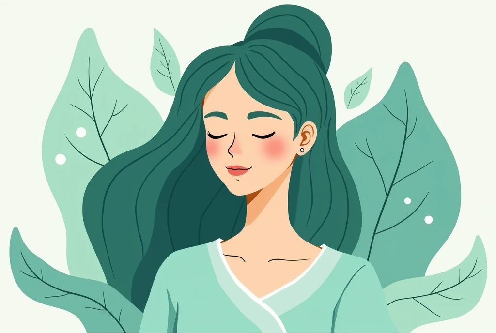 illustration portrait, femme sophorologue, dessin très simple, non detaillé, applat de couleur, ton bleu vert, nature