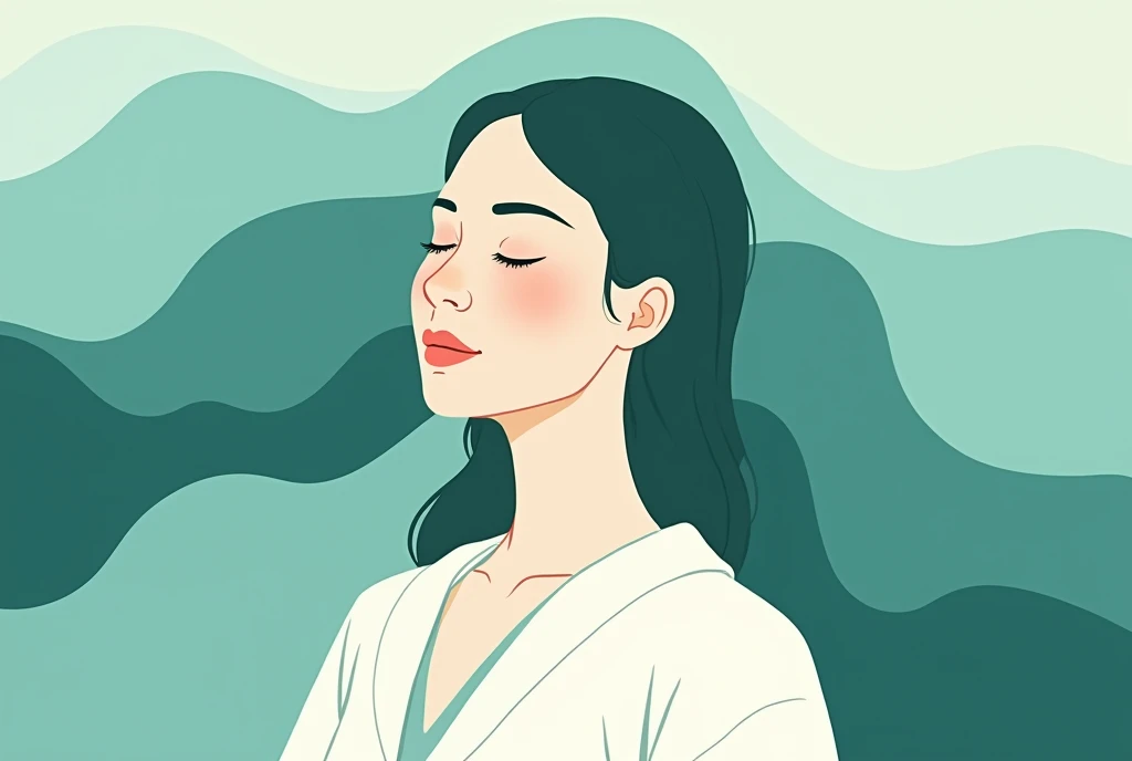 illustration portrait, femme sophorologue, dessin très simple, non detaillé, applat de couleur, ton bleu vert, nature