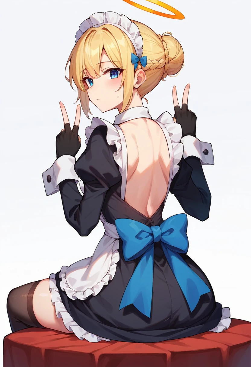 1girl, solo, looking at viewer, short hair, blue eyes, blonde hair, simple background, thighhighs, gloves, long sleeves, white background, dress, bow, sitting, braid, censored, frills, black gloves, puffy sleeves, looking back, black thighhighs, fingerless gloves, hair bun, from behind, apron, maid, maid headdress, bar censor, v, halo, blue bow, wariza, single hair bun, double v