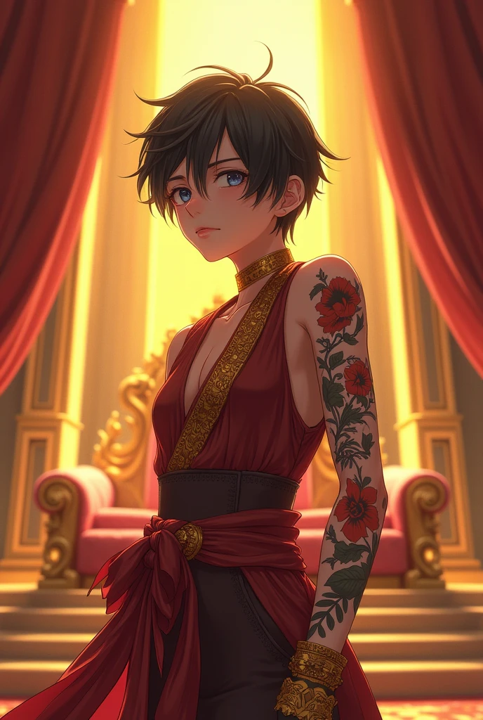 Guard the Throne、youth、cool、Black Hair、short、Overwhelming、A relaxed expression、Luxurious clothing、Flower Tattoo、anime