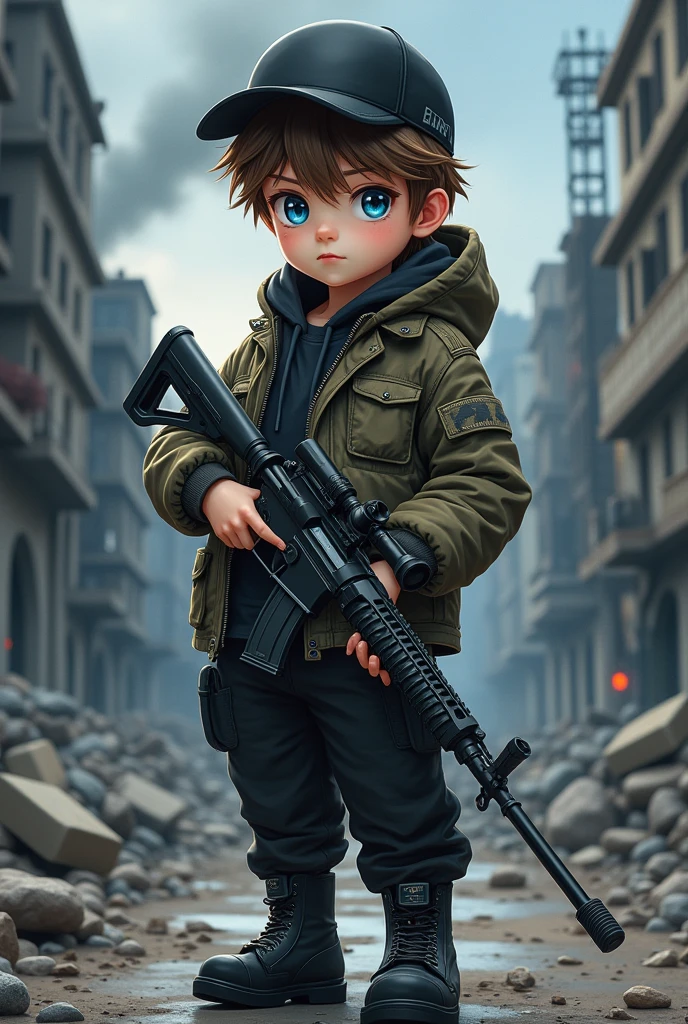 Anime style boy white skin blue eyes brown hair black cap camouflage jacket black tactical pants sniper rifle stylish military boots