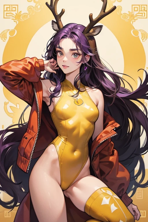 Danessa has medium brown skin with lighter spots spots on her cheeks and forehead, lighter patches around her eyes, medium brown eyes, medium brown eyebrows, a black nose, and salmon lips. She has purple hair that surrounds her golden deer ears and antlers stopping at the knees. She has a deer tail attached to her back.
She wears a red swimsuit with white tick marks on the main part of the suit while the yellow patch down the middle of the suit has a pattern of apples and pineapples and is scalloped at the edges. SPARKLE; GLITTER
