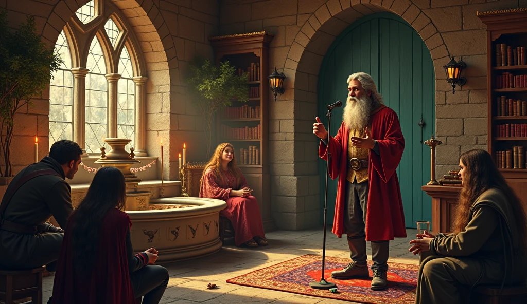 Banner Image:
concept: The corner of a medieval castle, with a bard doing standup comedy to a group of fantasy characters. In the background, There could be shelves full of old books, burning candles, and game elements such as cards and dice.
Text: "The Bard&#39;s Corner" in a medieval fountain, accompanied by a subtitle such as "Stories and Bets from the Medieval World".
colors: Continue with the warm and magical palette, using gold, deep browns and greens.