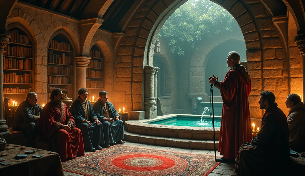 Banner Image:
concept: The corner of a medieval castle, with a bard doing standup comedy to a group of fantasy characters. In the background, There could be shelves full of old books, burning candles, and game elements such as cards and dice.
Text: "The Bard's Corner" in a medieval fountain, accompanied by a subtitle such as "Stories and Bets from the Medieval World".
colors: Continue with the warm and magical palette, using gold, deep browns and greens.