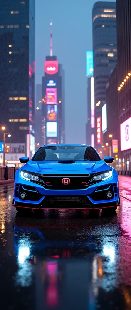 civic type r blue colour on the bridge at night and rain