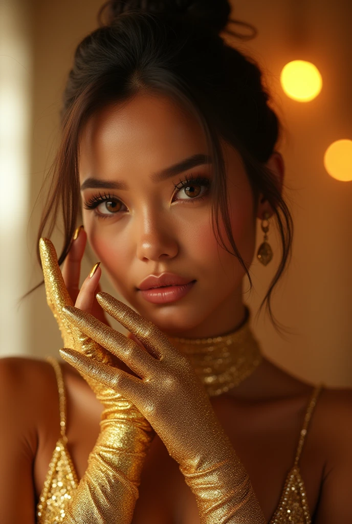 a beautiful girl long glitter-golden_gloves,detailed face,detailed eyes,detailed lips,beautiful detailed eyes,beautiful detailed lips,extremely detailed eyes and face,long eyelashes,cinematic lighting,photorealistic,hyper-realistic,high quality,8k,masterpiece,cinematic,dramatic lighting,intricate details,vibrant colors,glossy skin,elegant,graceful,striking pose,atmospheric background