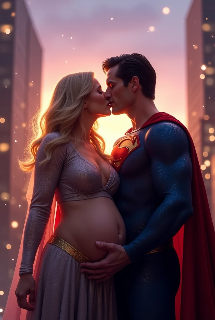 Super girl and superman are kissing, she is pregnant, intimate, bare belly